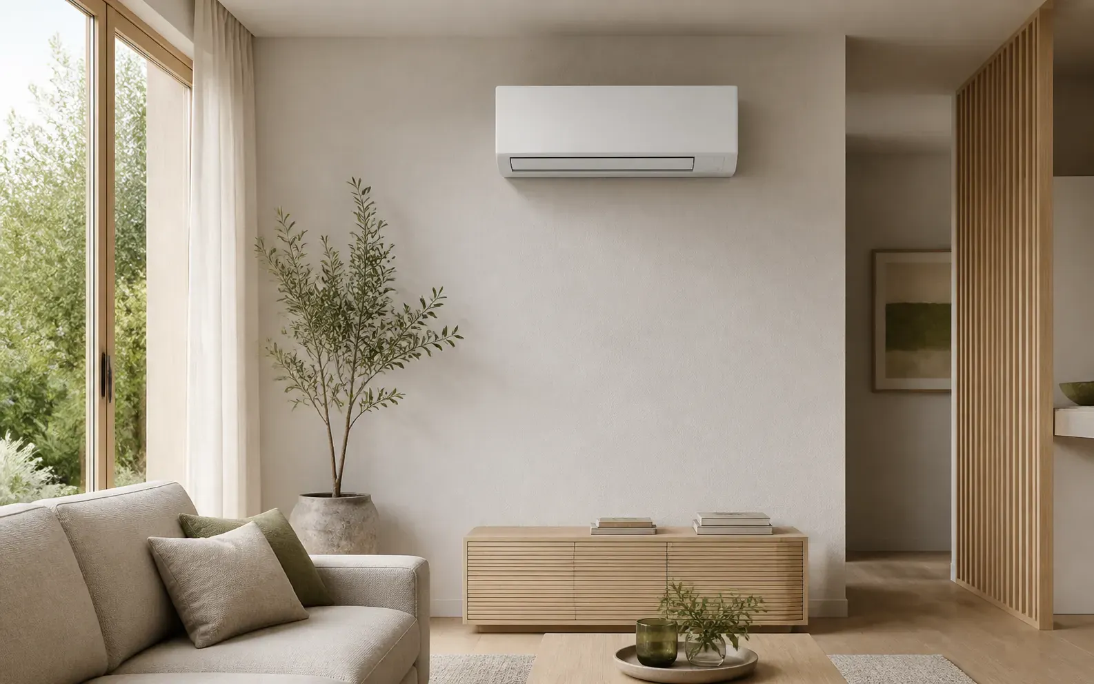 Soggiorno illustrativo con climatizzatore bianco a parete sopra un mobile in legno.