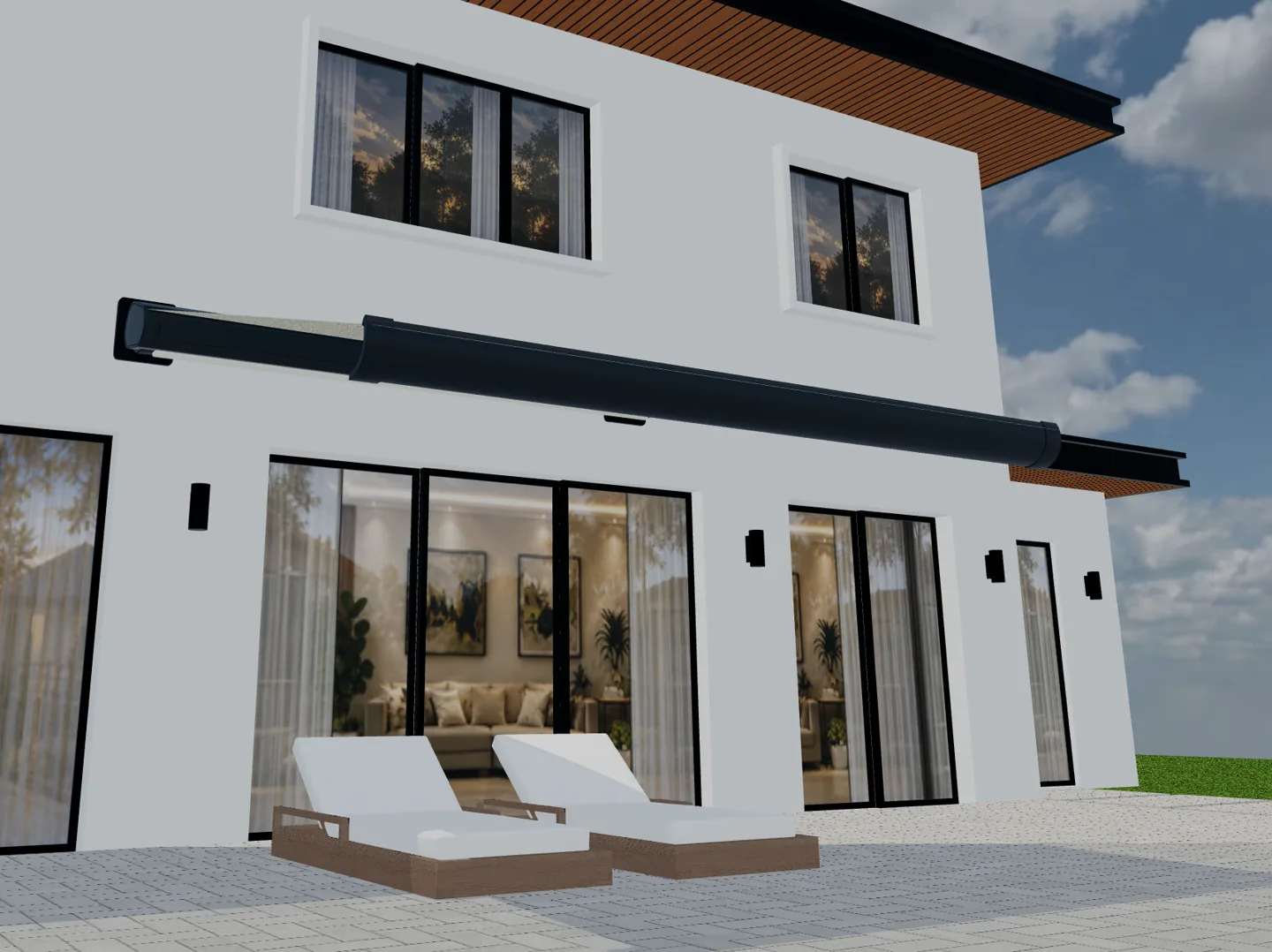 Vista 3D di un cassonetto scuro quasi chiuso sopra una terrazza.