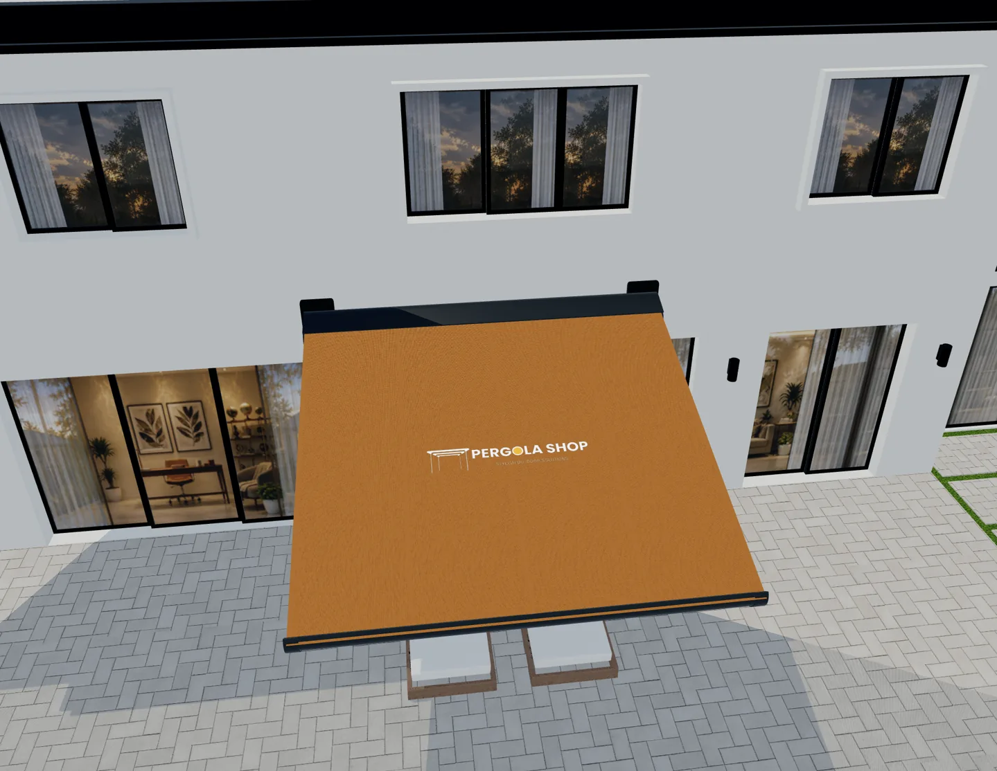 Telo arancione con logo Pergola Shop in una scena di prodotto 3D.