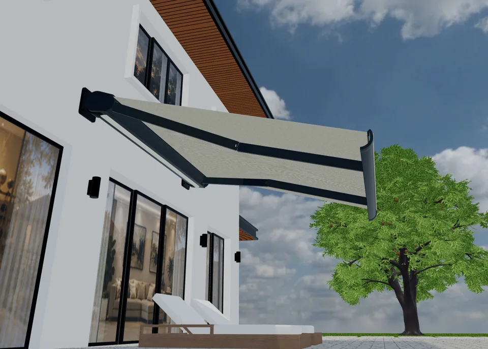 Rendering 3D di una tenda da sole retrattile con telo chiaro e bracci scuri su una facciata.
