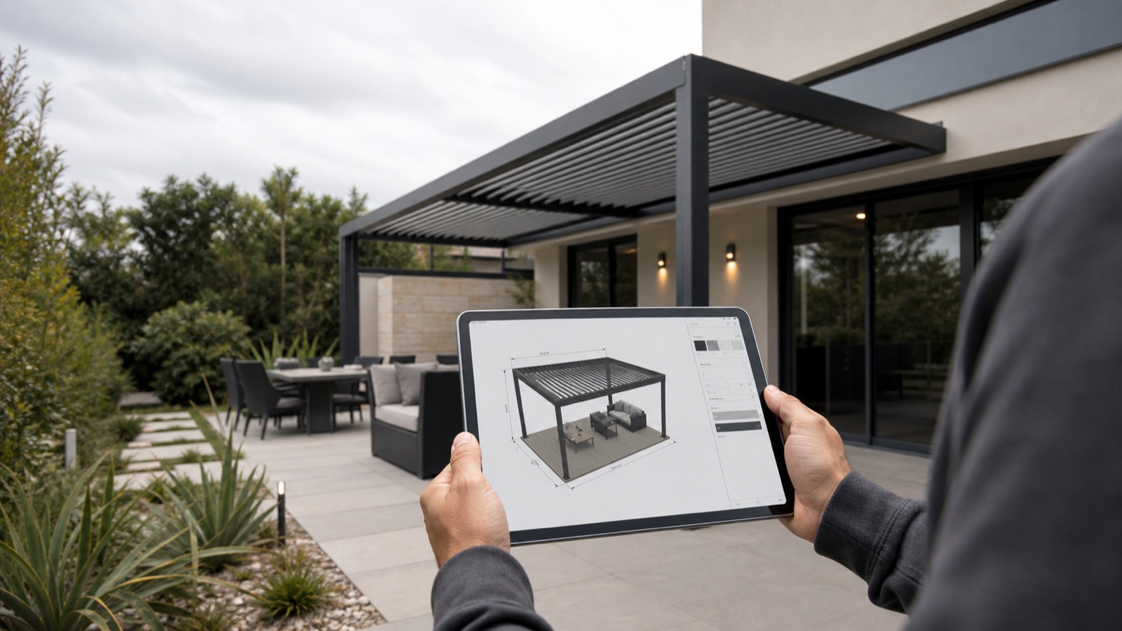 Pergola installer using 3D pergola design software with dimensions and options on a tablet