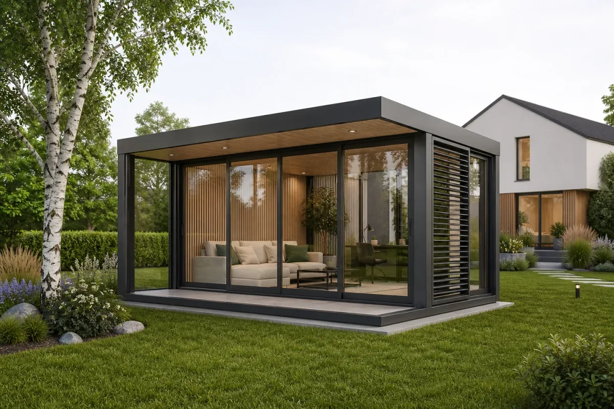 Monolocale da giardino con pareti in vetro a tutta altezza e struttura color legno accanto a una casa