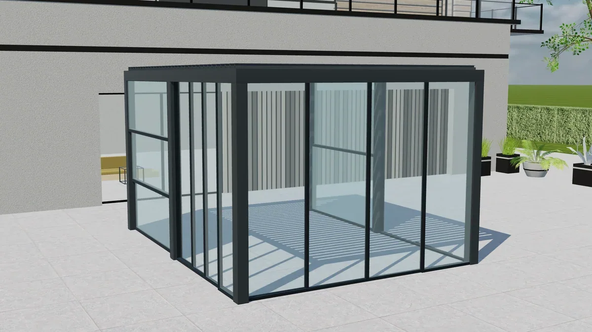 Pergola a lamelle Tenteks Italia con pannelli in vetro in vista 3D