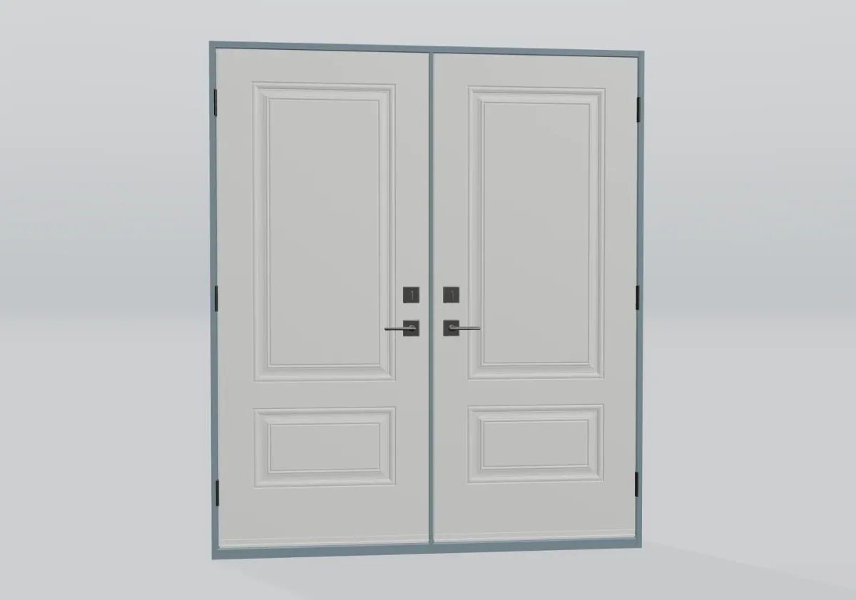 Doppie porte bianche con pannelli decorativi e maniglie scure