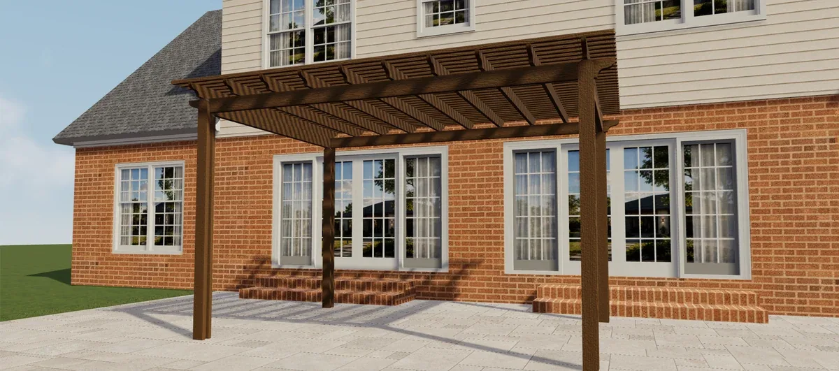 Vista frontale di una pergola Elite Aluminium marrone con tetto a doghe aperte