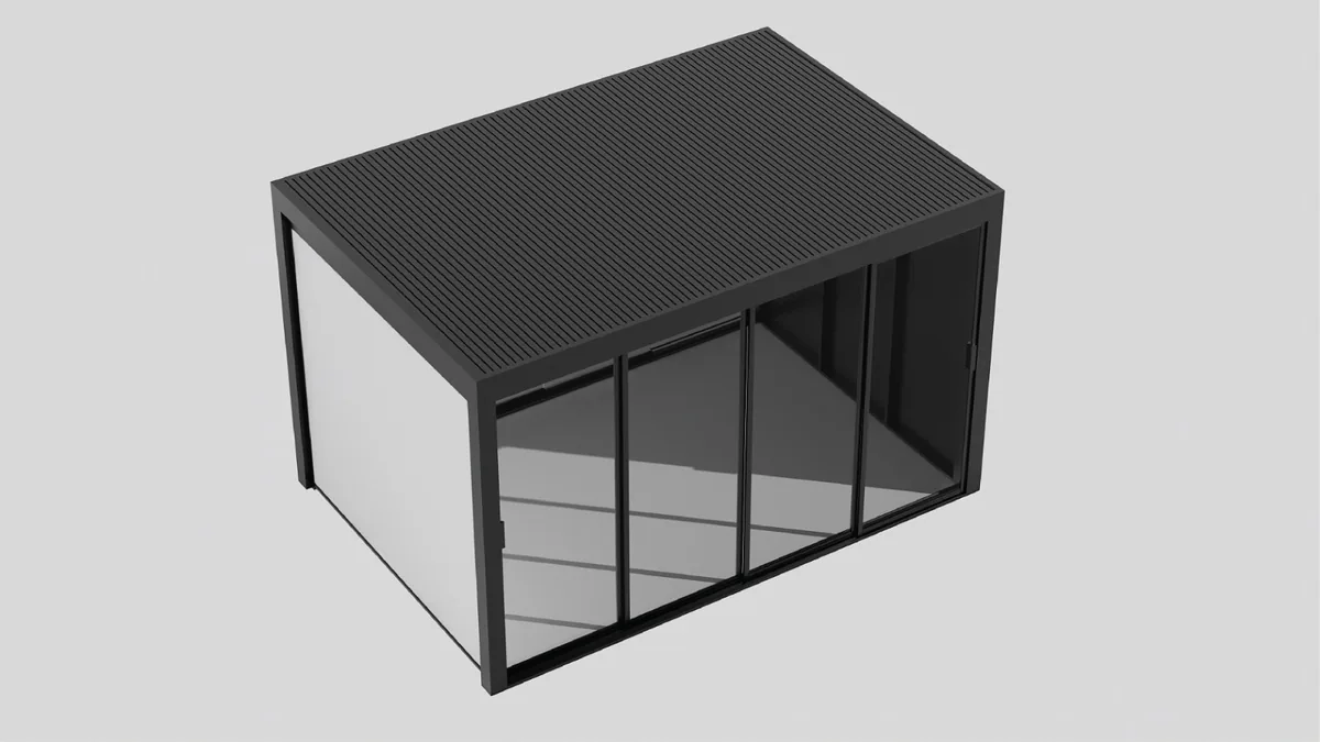 Modello di pergola scura con pareti laterali vetrate e tetto solido in vista 3D