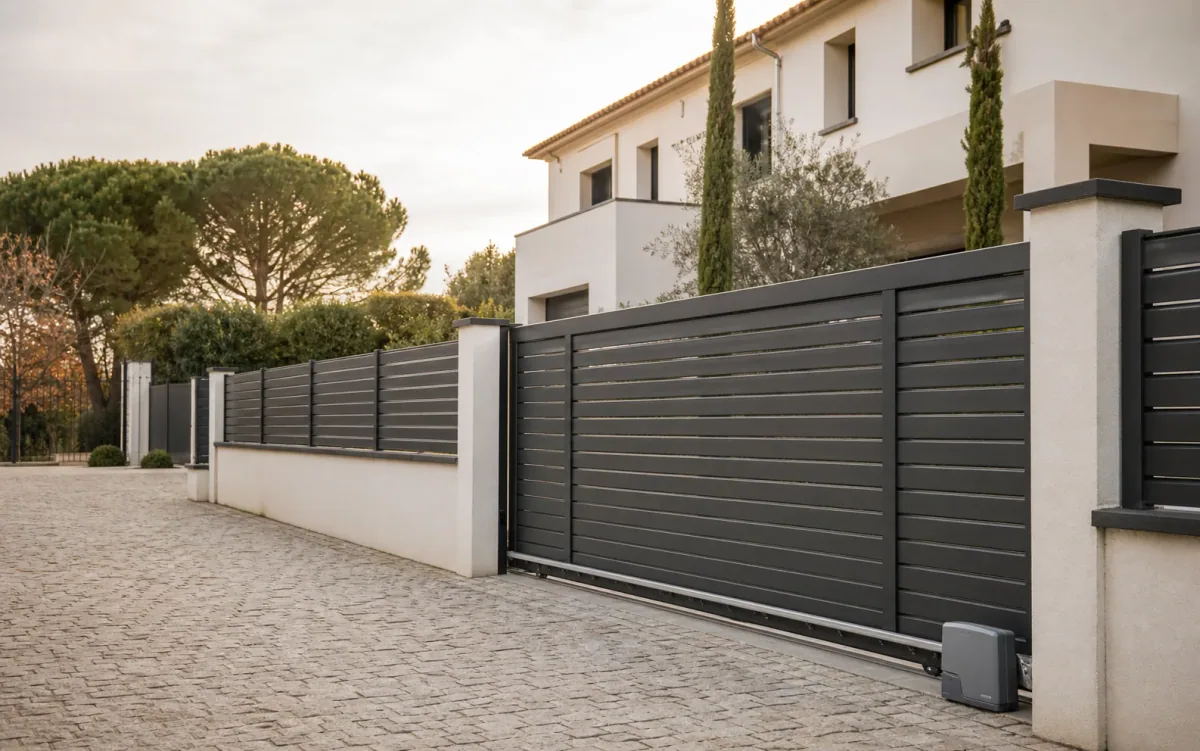 Recinzione e cancello scuri installati accanto a una casa moderna