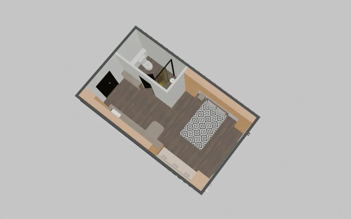 Pianta tridimensionale di una casa modulare con ambienti interni