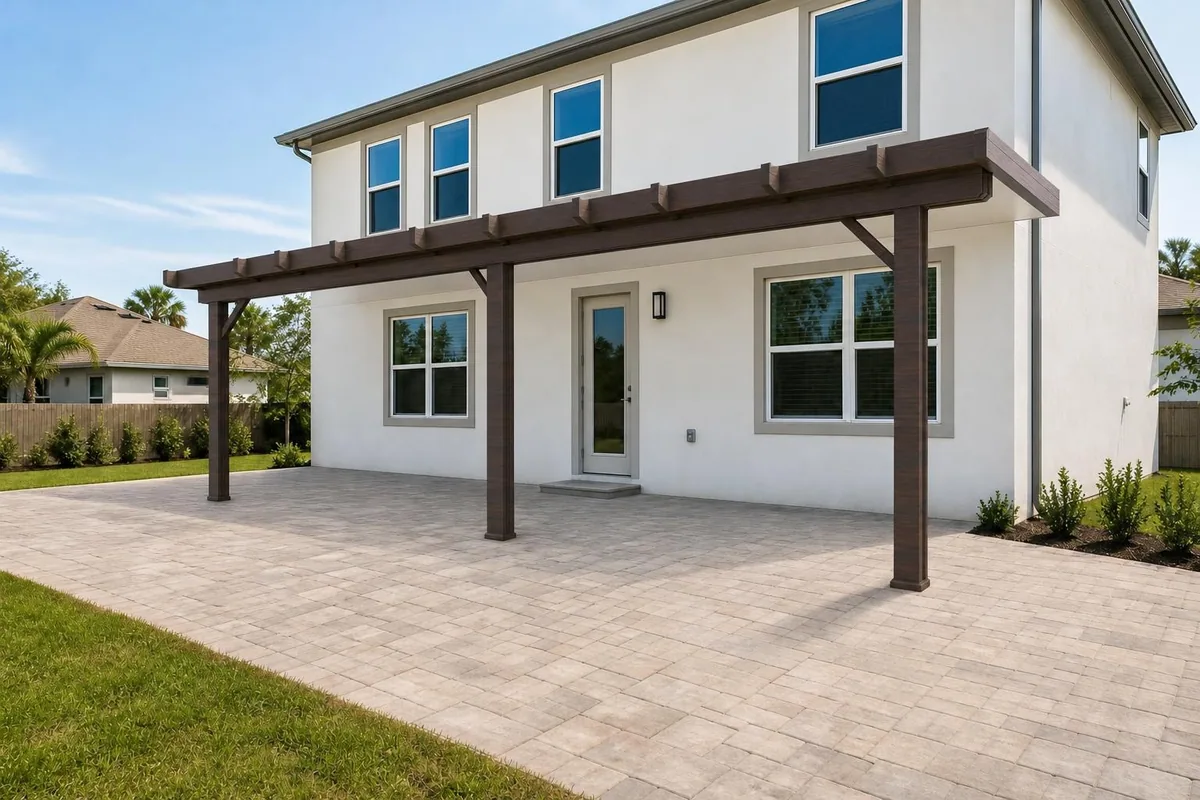 Pergola in legno che ombreggia una terrazza pavimentata accanto a una casa bianca
