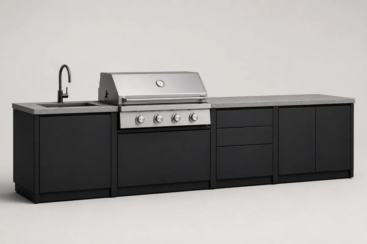 Modello di prodotto cucina da esterno con piani di lavoro, contenitori e attrezzature per cucinare