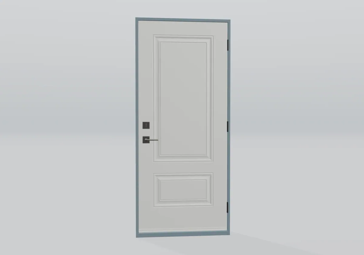 Porta unica bianca con maniglia a leva e telaio grigio
