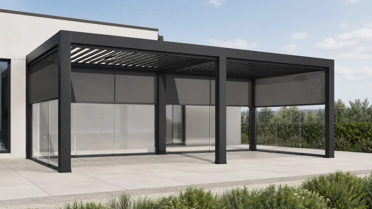 Pergola a più campate con pareti in vetro vista dal giardino