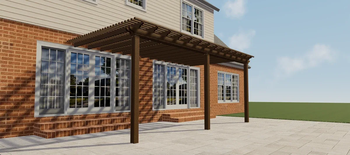 Vista laterale di una pergola Elite Aluminium marrone con tetto a doghe aperte