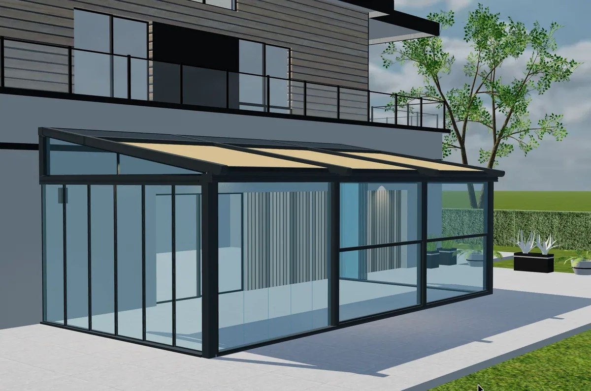 Pergola Tenteks Italia con pareti vetrate e tetto in tela a falde in vista 3D