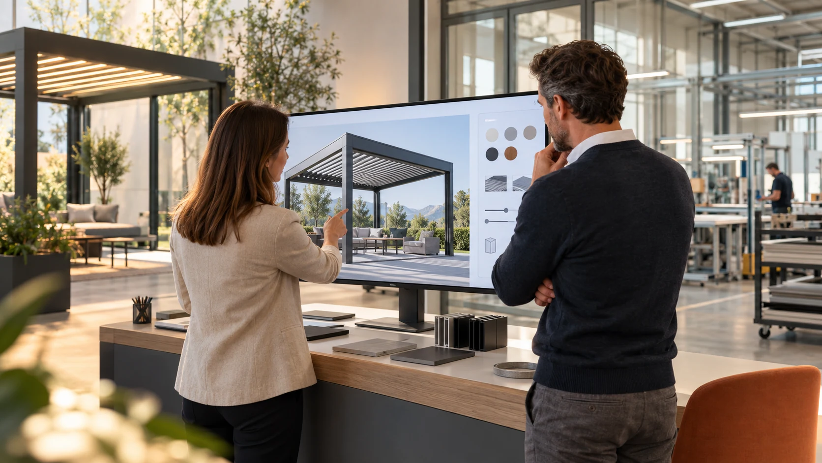 Due professionisti esaminano una pergola in un configuratore di prodotti 3D Configurix all’interno di uno showroom tedesco moderno.