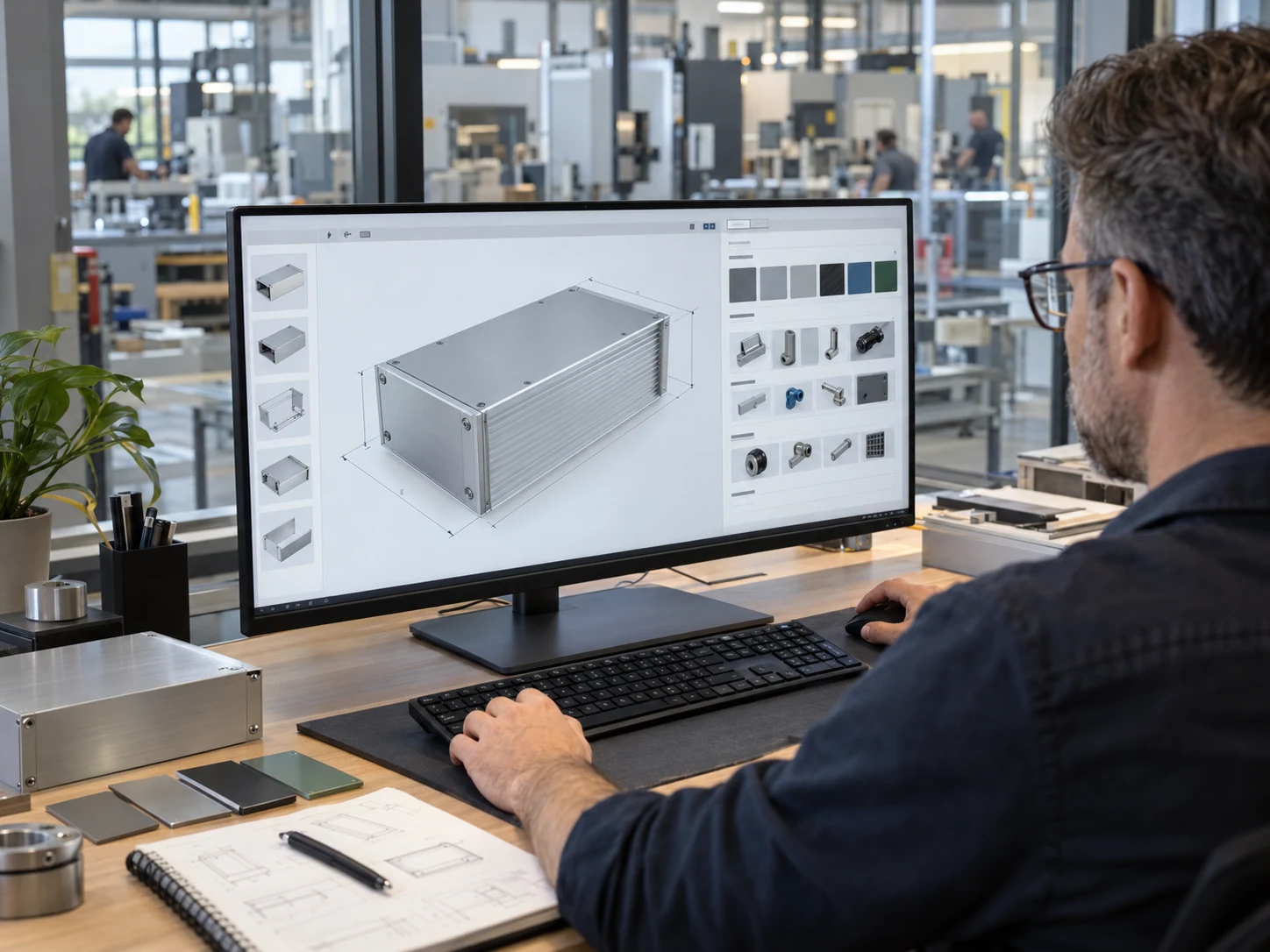 Un ingegnere di prodotto configura in 3D un involucro industriale in alluminio accanto a una moderna fabbrica tedesca.