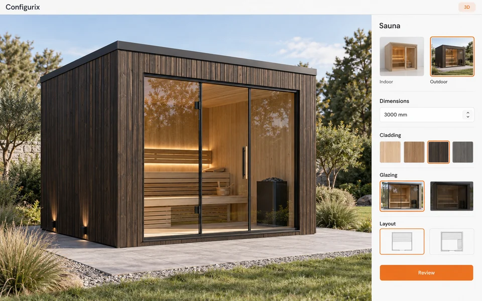 Vista 3D di un prodotto configurabile (sauna) per spiegare Paesi nordici: configuratori di saune e prodotti modulari, software su misura e lancio.