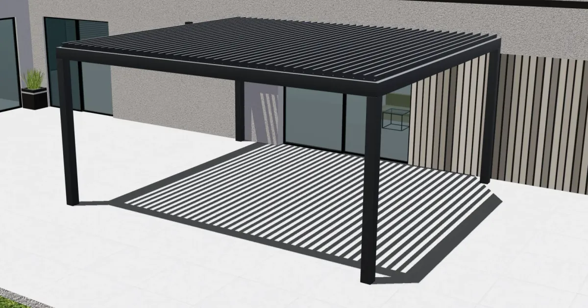 Vista 3D Configurix di una pergola con struttura antracite e lamelle del tetto aperte.