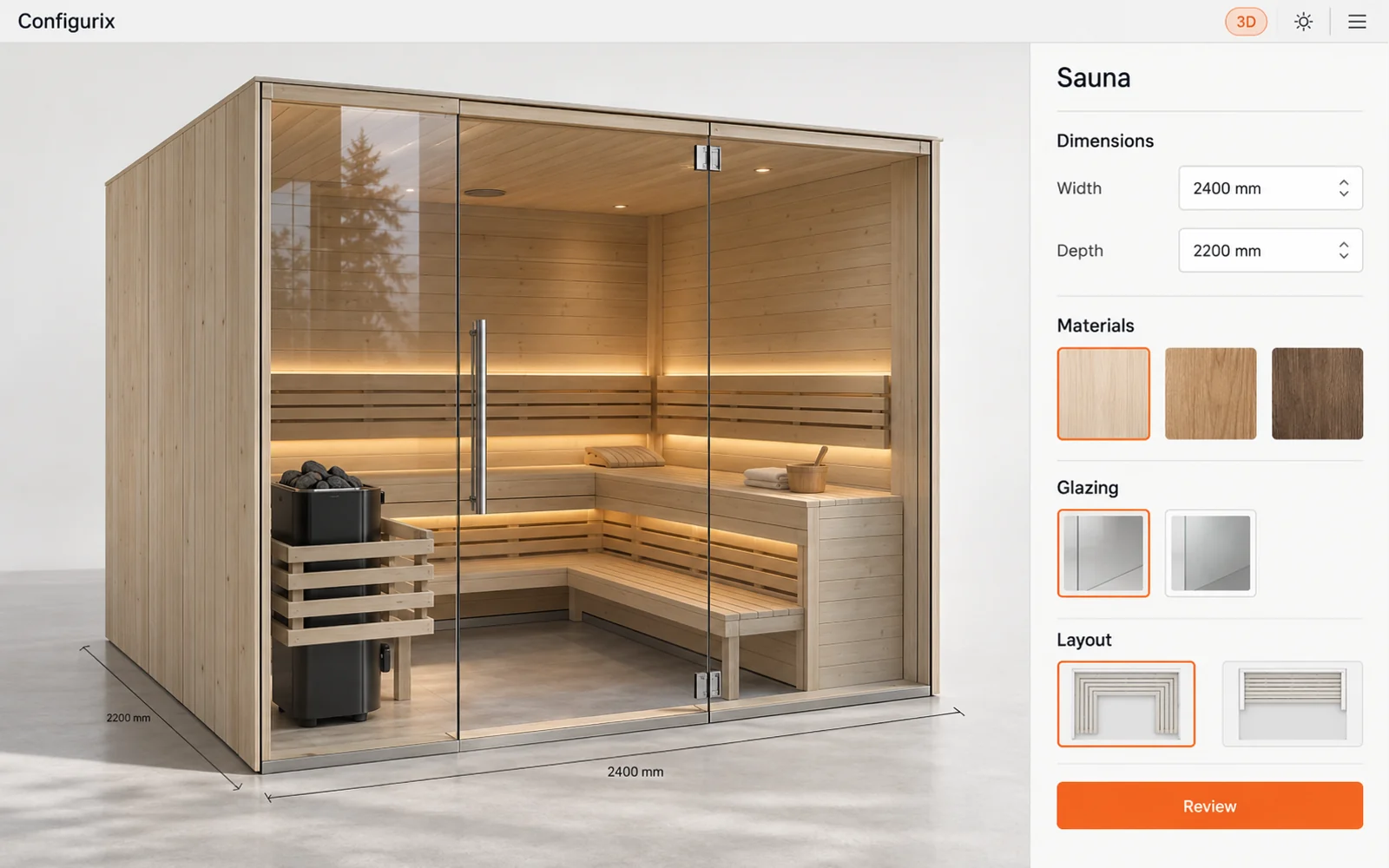 Illustrazione di un configuratore di saune con cabina in legno, fronte vetrato, panche e selezione dei materiali