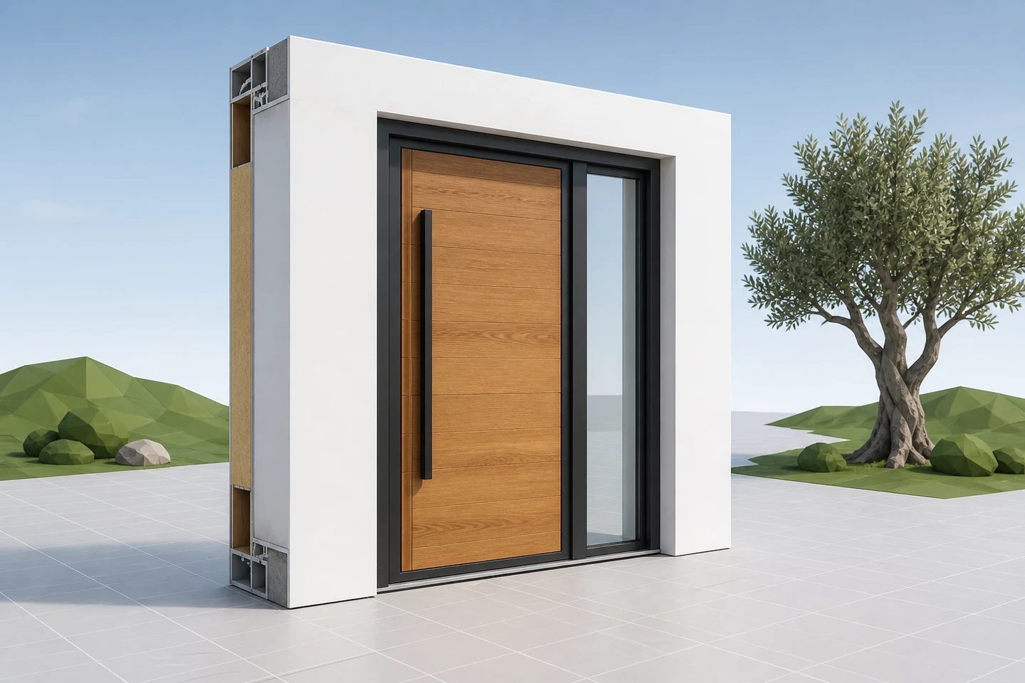 Vista 3D di un prodotto configurabile (porta) per spiegare Nord America: configuratori per prodotti edili, software su misura e lancio.