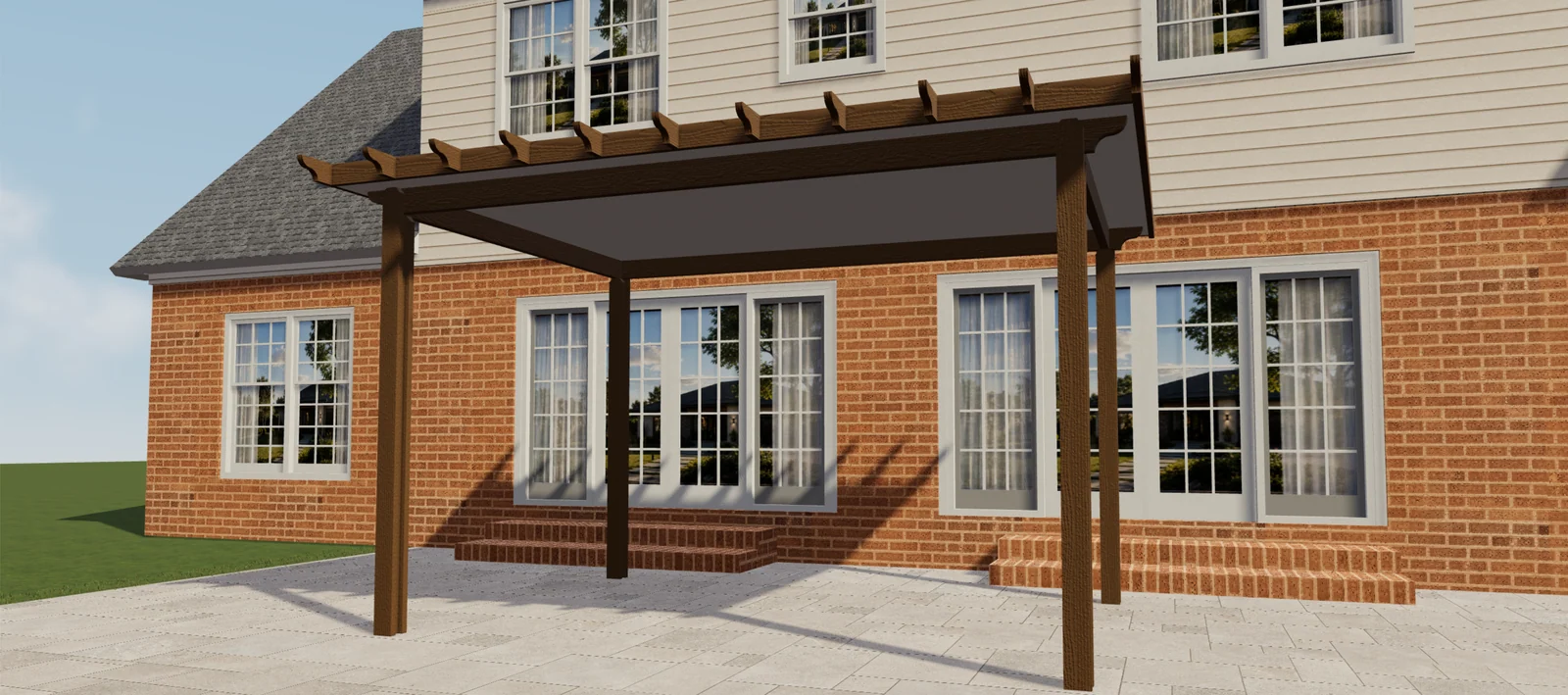 Pergola coperta marrone Elite Aluminum davanti a una casa in mattoni in una vista prodotto Configurix