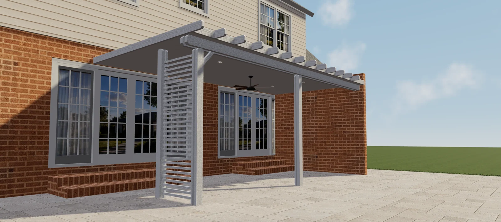 Anteprima 3D di una pergola bianca coperta con pannello laterale a listelli, ventilatore e faretti incassati.