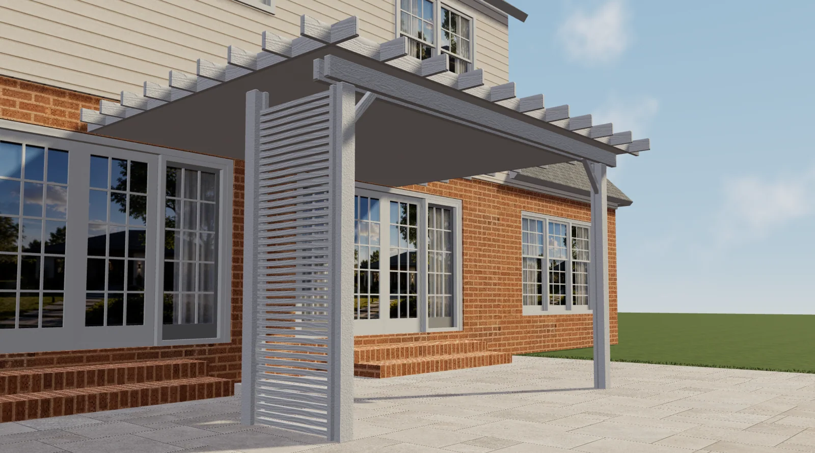 Pergola bianca Elite Aluminum con pannello laterale a lamelle in una vista prodotto 3D Configurix