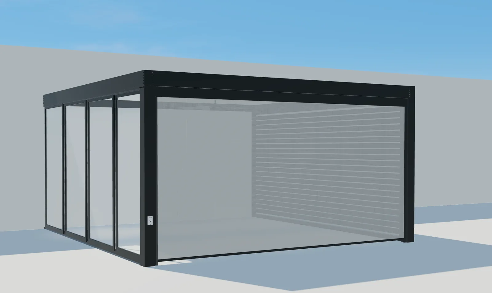 Vista 3D di Pergola Plus con vetrate laterali e schermatura frontale completamente abbassata.