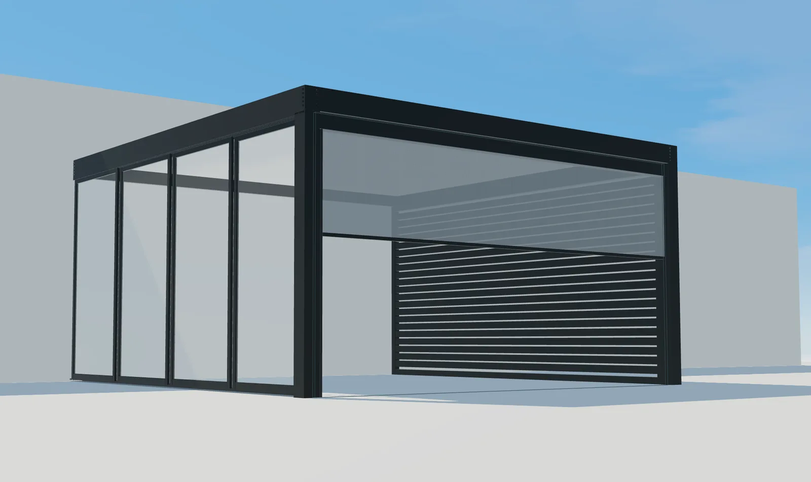 Vista 3D di Pergola Plus con vetrate laterali e schermatura frontale parzialmente abbassata.