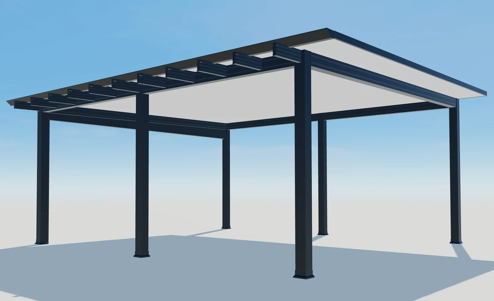 Dettaglio 3D delle travi, della struttura scura e dei pannelli del tetto Pergola Plus.