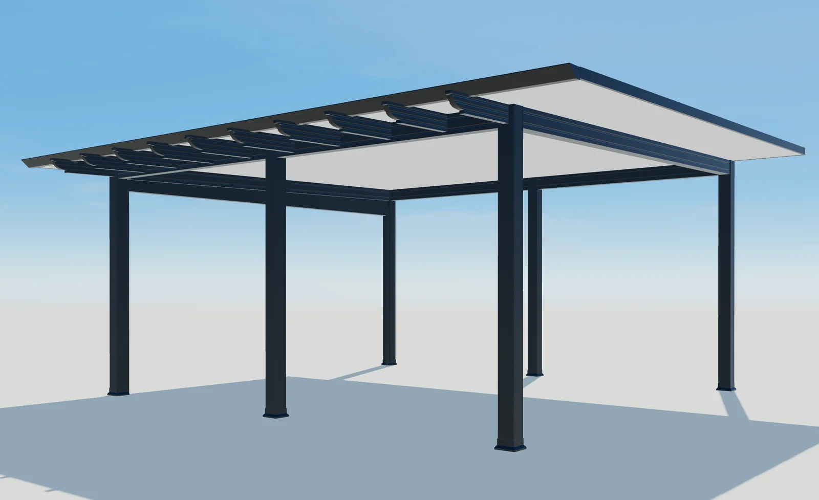 Vista prospettica 3D del tetto Pergola Plus con travi visibili e sei montanti.