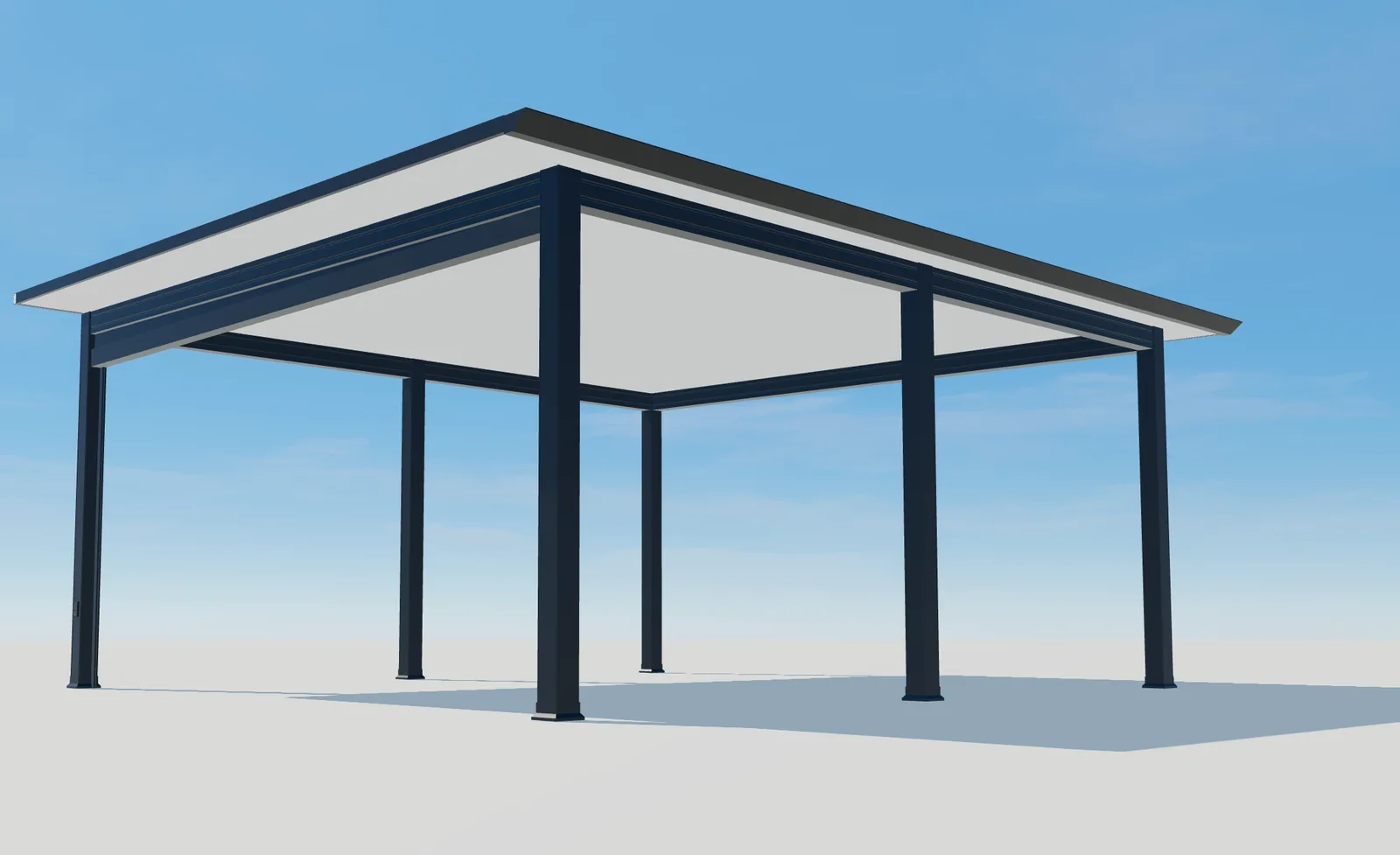 Vista 3D dal basso di Pergola Plus con montanti scuri e tetto pieno chiaro.