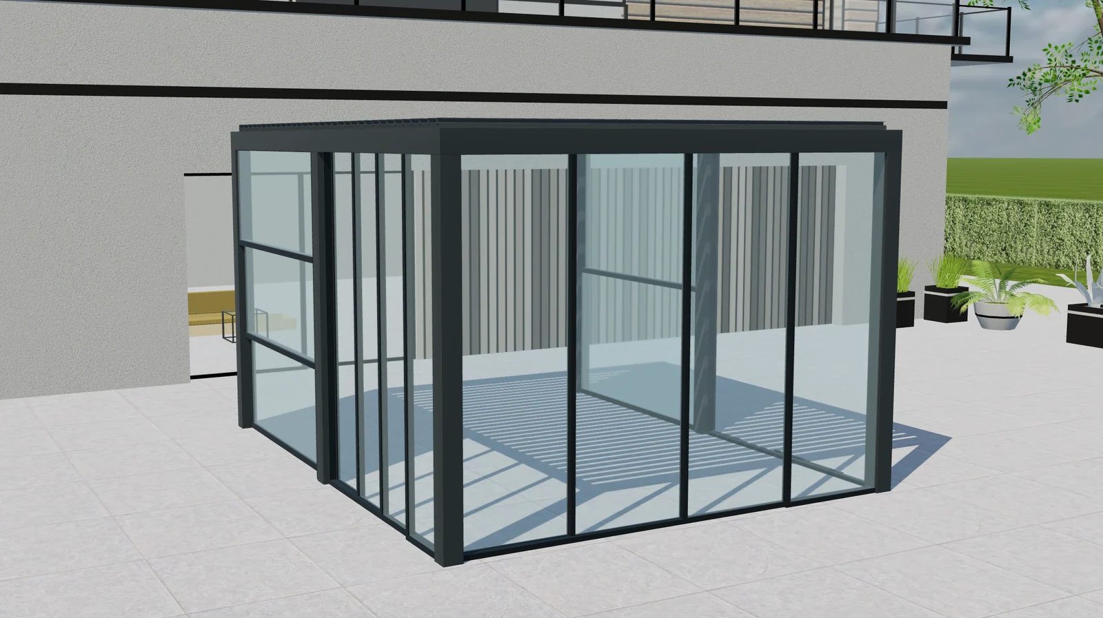 Pergola a lamelle Tenteks Italia con pannelli di vetro scorrevoli in una vista prodotto 3D Configurix