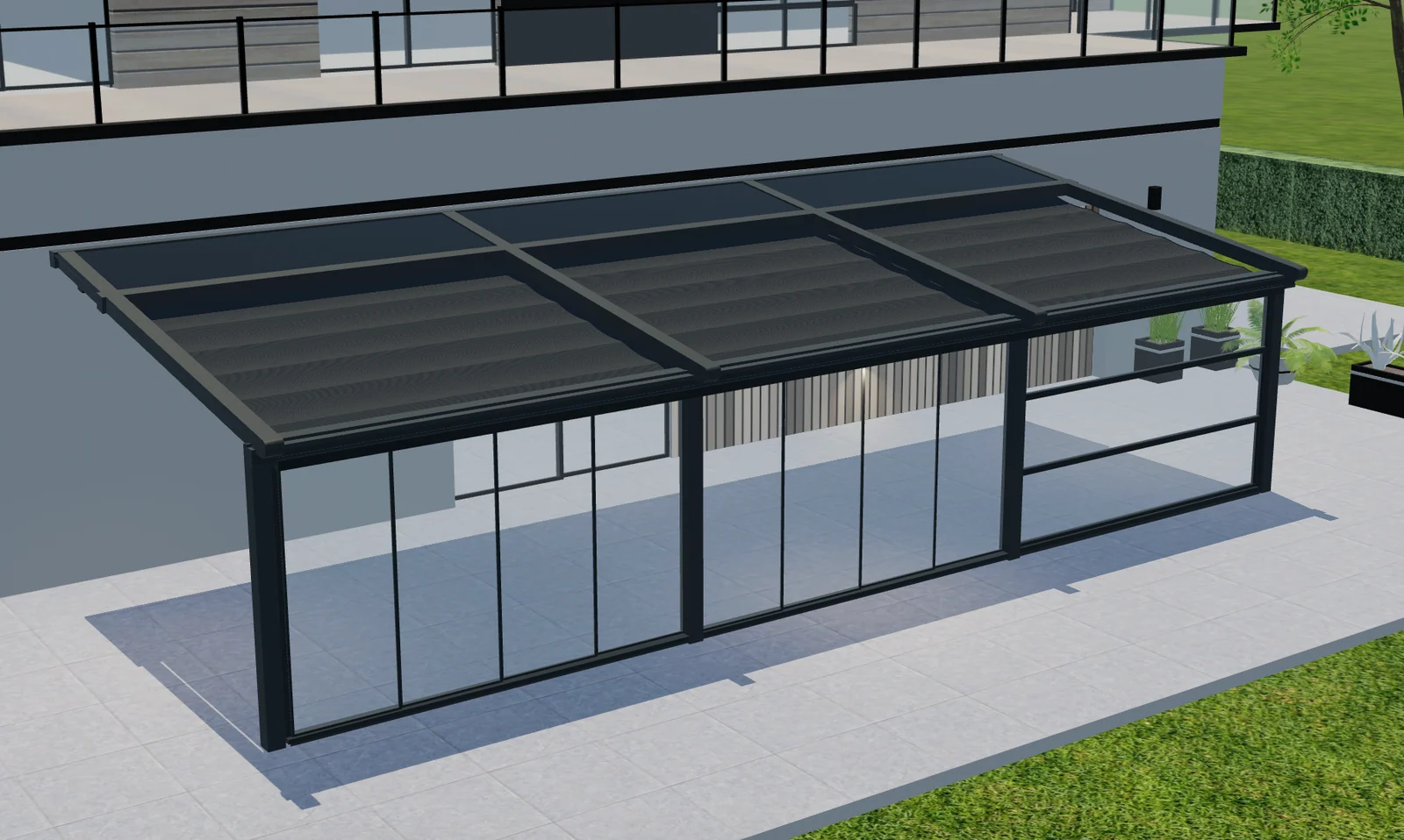 Vista 3D rialzata Configurix di una pergola Tenteks Italia con più sezioni di copertura e fronte vetrato