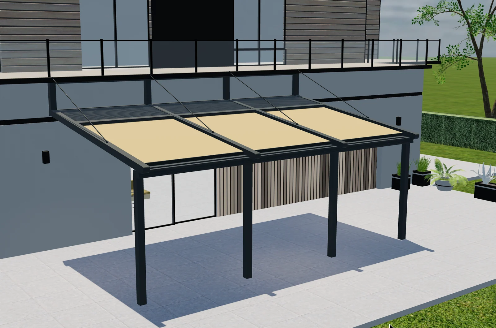 Vista 3D dall’alto di una pergola a parete con copertura in tessuto crema, telaio scuro e pali anteriori.