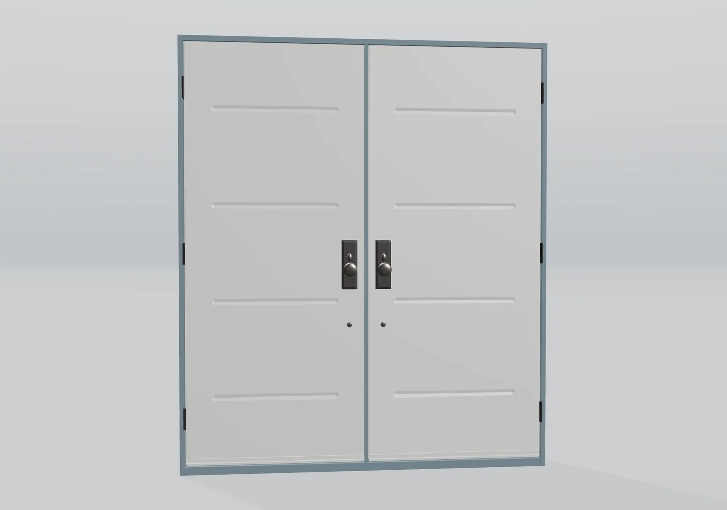 Porta doppia 3D con scanalature orizzontali, telaio grigio-azzurro e pomoli scuri coordinati.