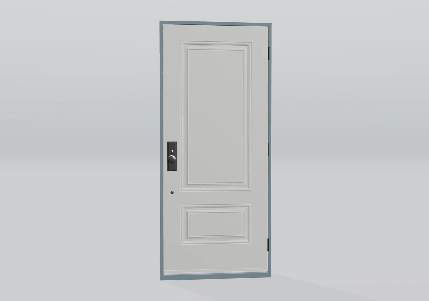 Porta singola 3D con due pannelli sagomati e pomolo scuro rotondo su placca rettangolare.