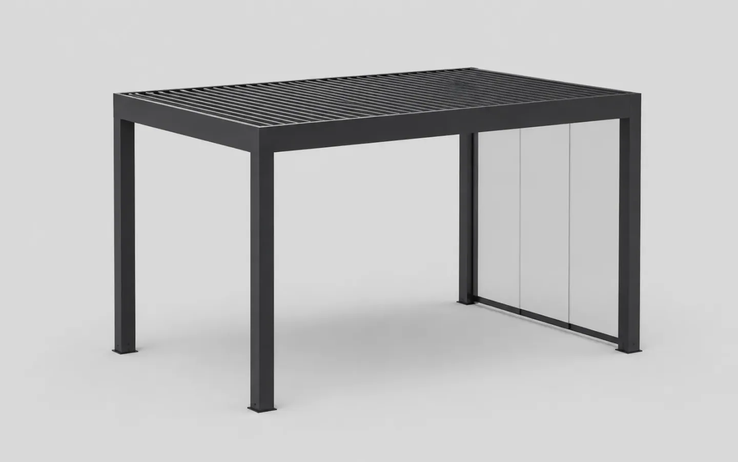 Pergola illustrativa antracite con tetto a lamelle e un lato vetrato, mostrata in una vista prodotto 3D.