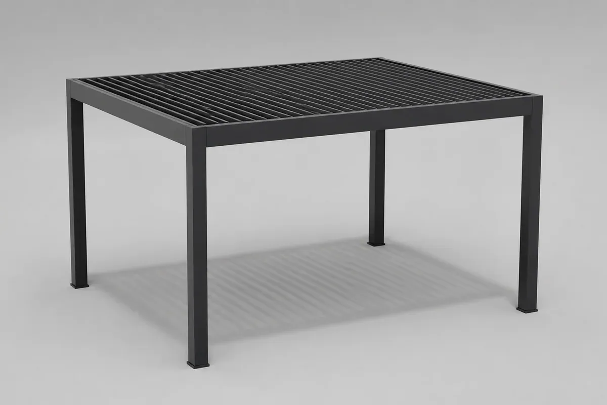 Pergola illustrativa antracite con tetto a lamelle in uno spazio neutro del configuratore 3D.