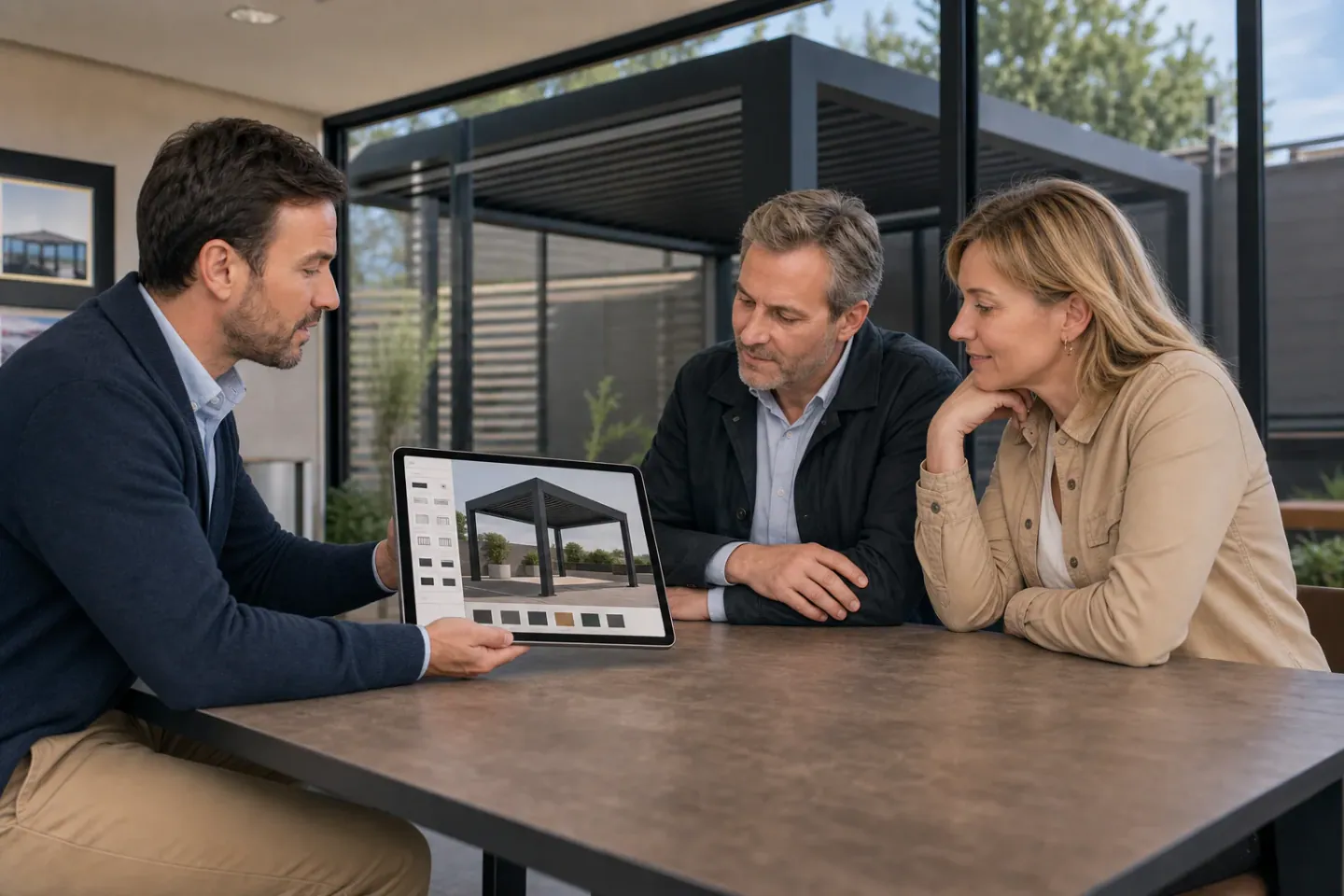 Illustrazione di un consulente che mostra il progetto di una pergola a una coppia su un tablet.