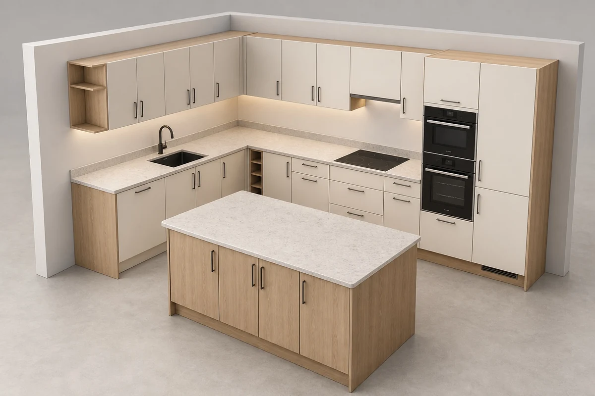 Anteprima cucina con mobili, elettrodomestici e scelta dei materiali