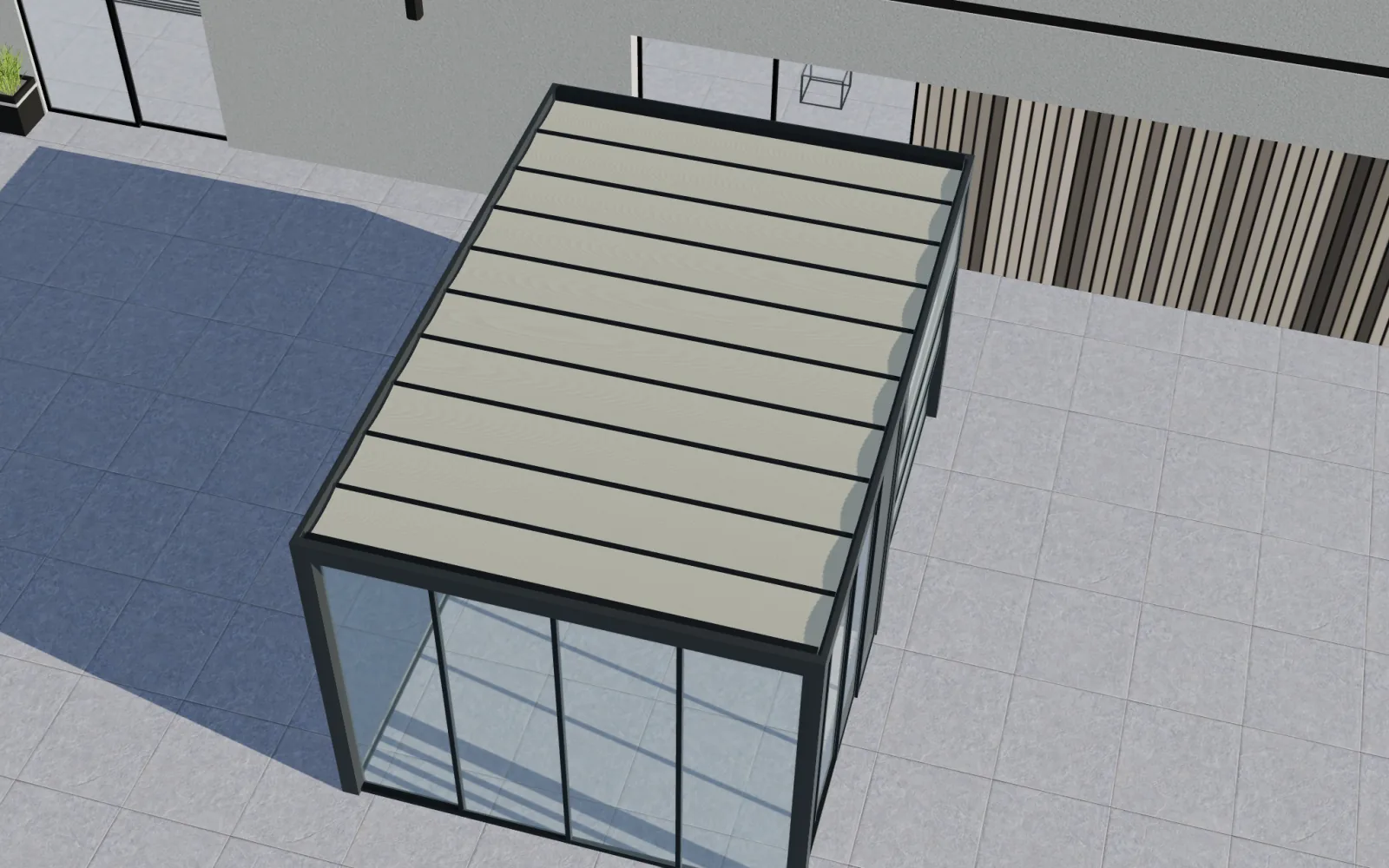 Vista 3D dall’alto in Configurix di una pergola antracite con tetto chiuso e pareti vetrate.