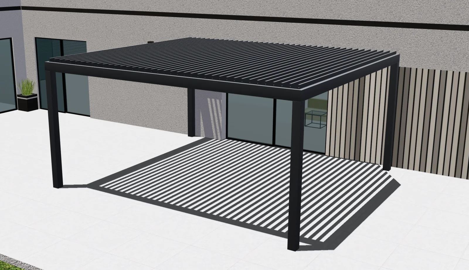 Anteprima 3D Configurix di una pergola bioclimatica con lamelle in alluminio aperte