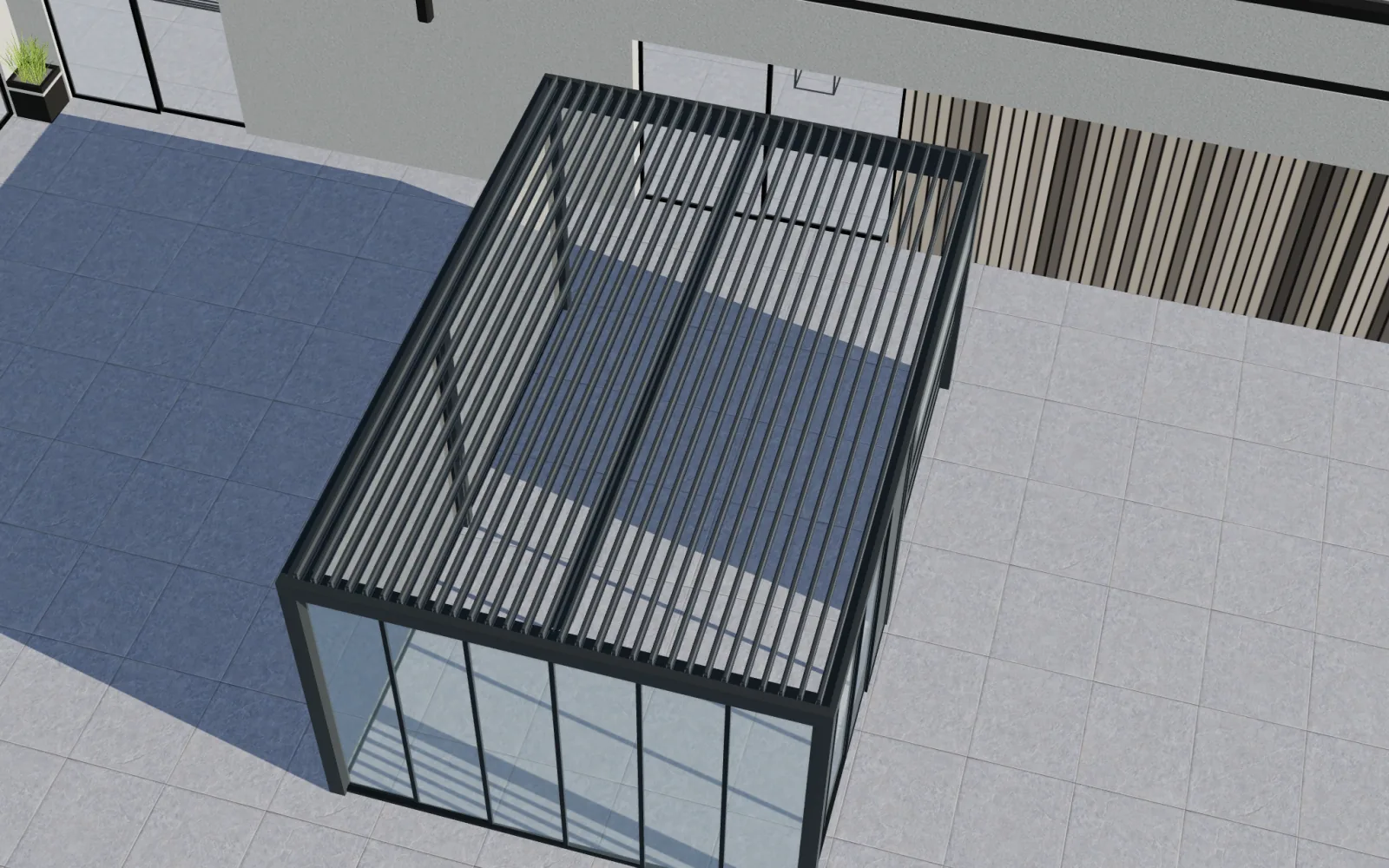 Vista dall'alto delle lamelle aperte nel configuratore di pergole bioclimatiche Configurix
