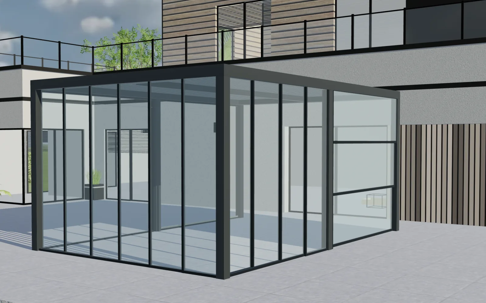 Pergola autoportante antracite con chiusura vetrata in Configurix