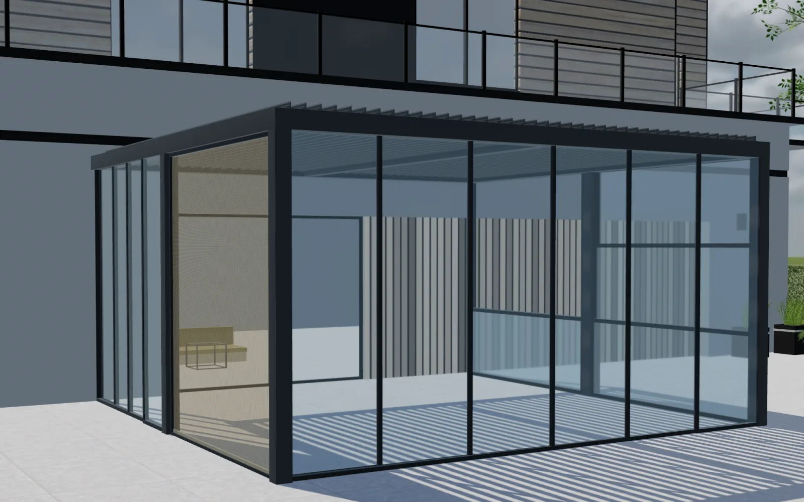 Vetro scorrevole chiuso attorno a una pergola a lamelle mostrata in Configurix