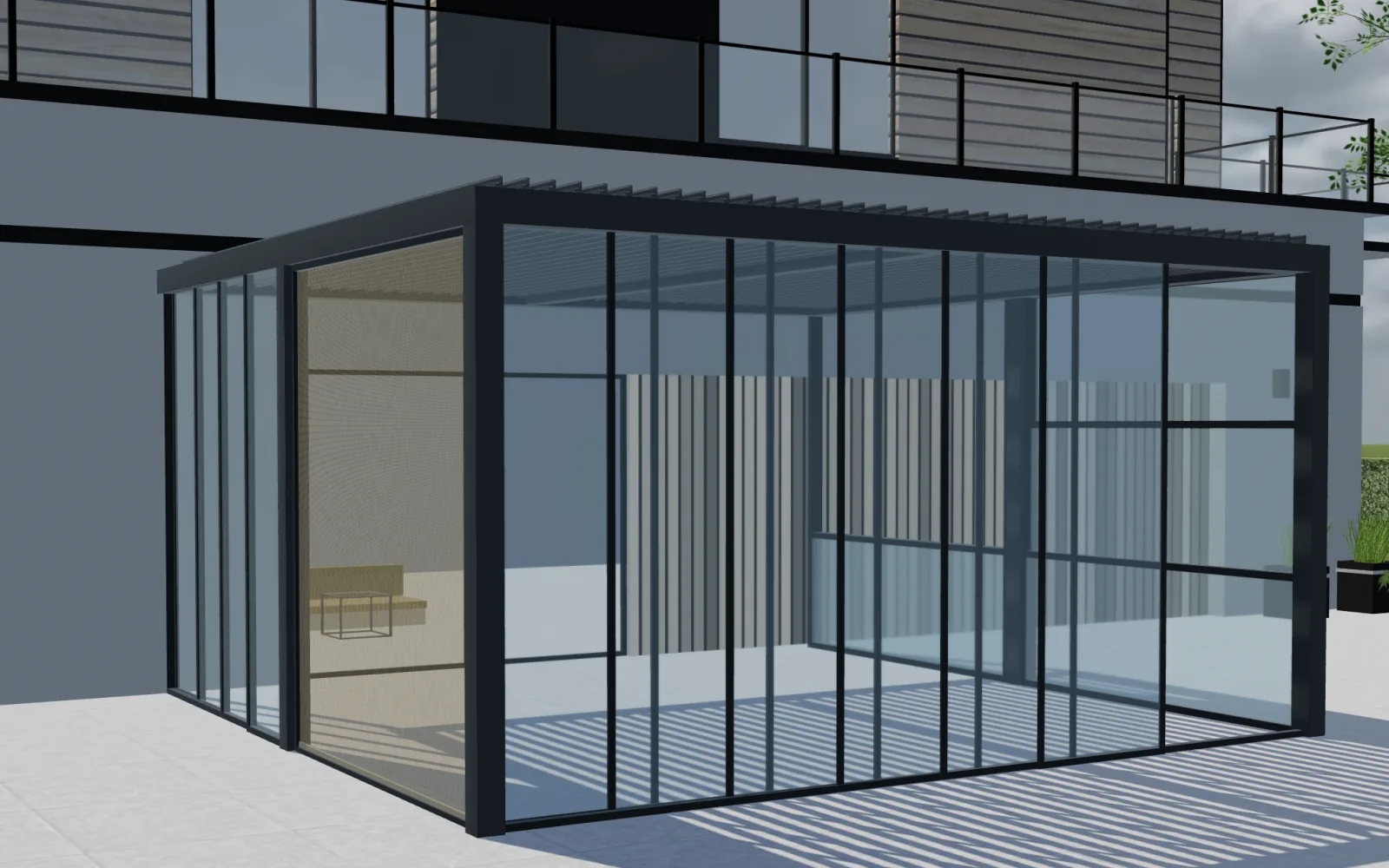 Pergola a lamelle con pannelli di vetro scorrevoli in Configurix 3D