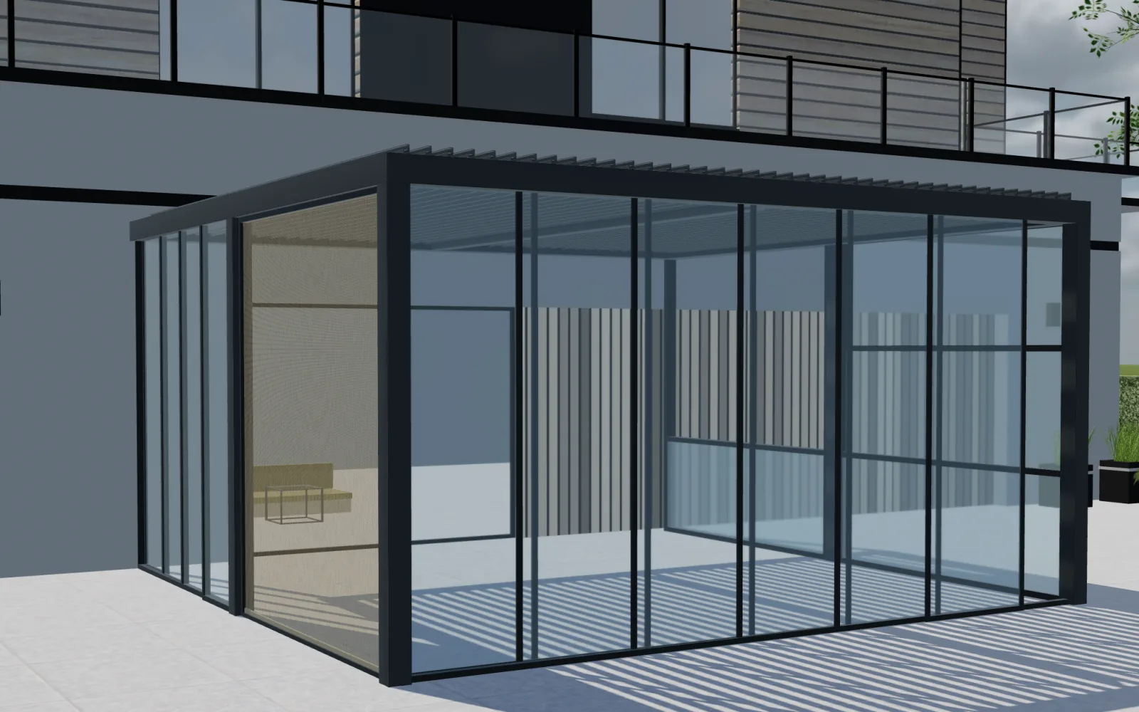 Vista 3D di un prodotto configurabile (pergola) per spiegare Europa: configuratori per pergole, software su misura e lancio.