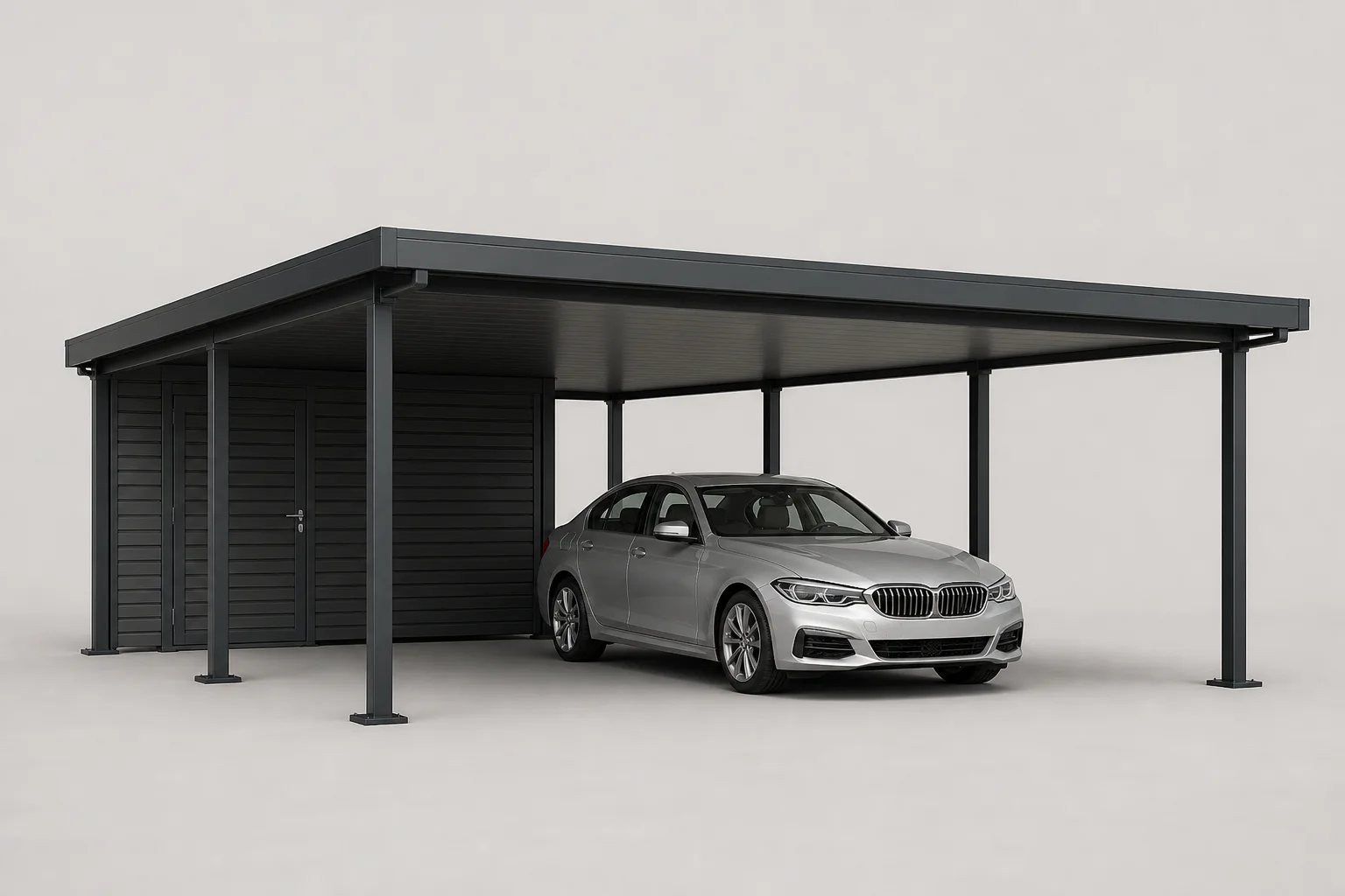 Configurazione illustrativa di carport in alluminio a due posti con tetto solare
