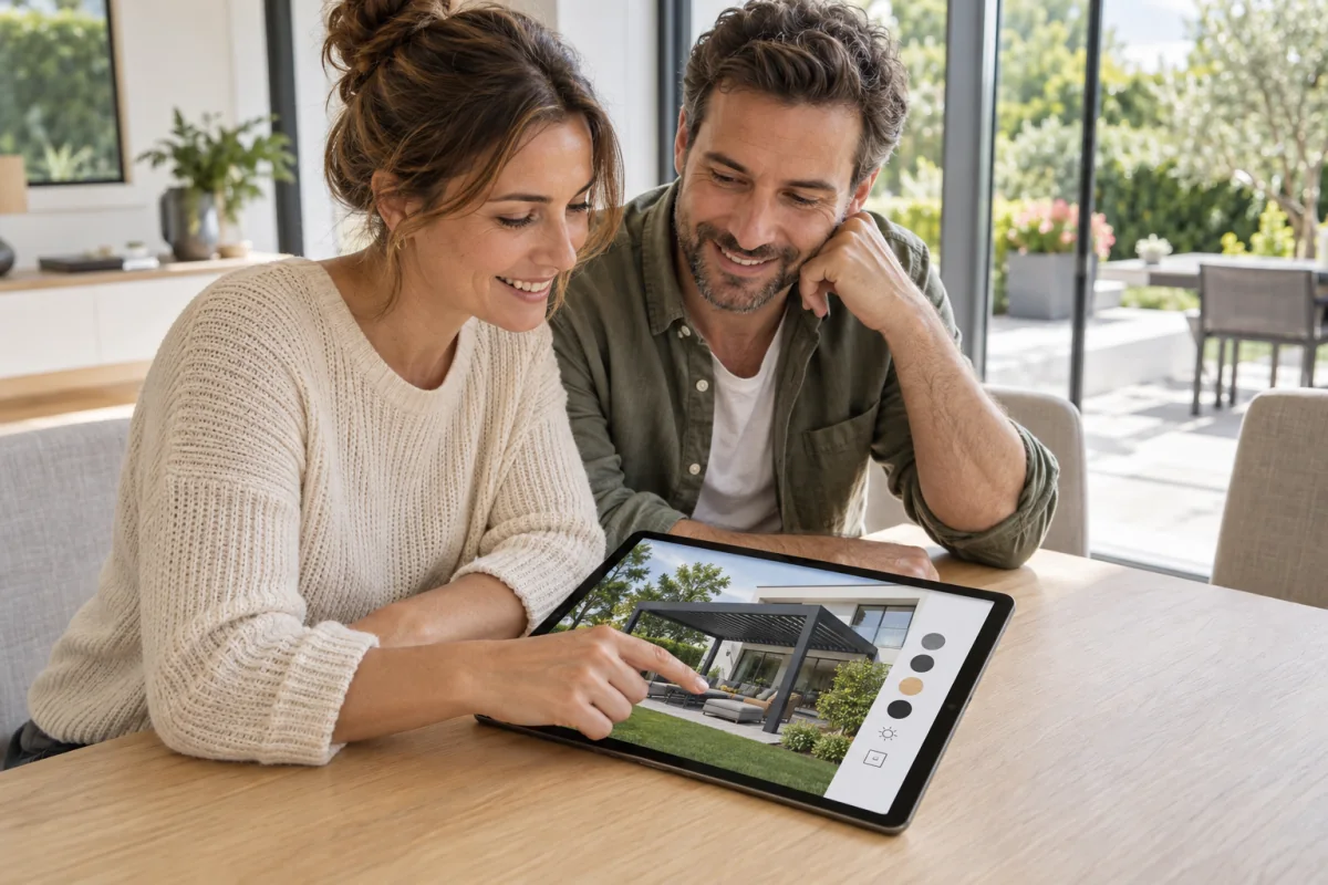 Scena illustrativa di clienti felici che scelgono la pergola online con un configuratore 3D interattivo su un tablet.